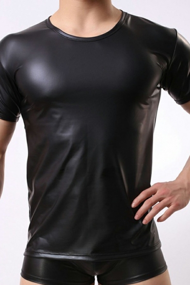 Street Look Black Tee Top Solid Color Leather Round Collar Short Sleeves Slim Fitted T-Shirt for Men