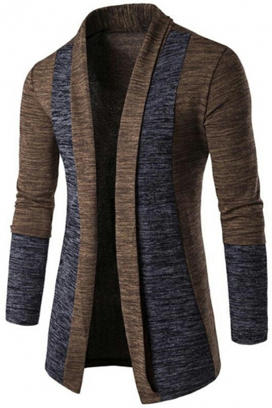 Trendy Contrast Color Men’s Jacket Mid Length Long Sleeve Open Front Slim Fit Coat