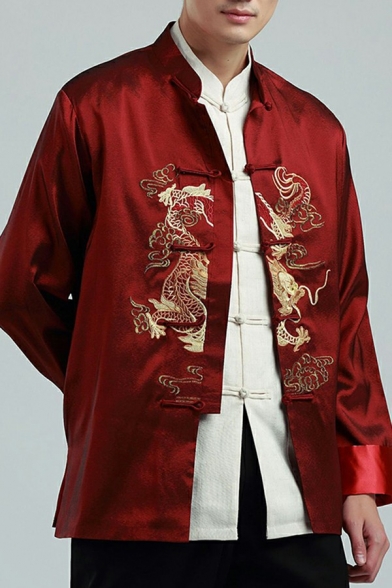 Unique Men's Jacket Dragon Pattern Stand Collar Button-up Relaxed Fit Jacket
