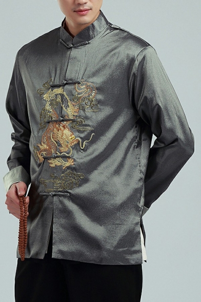 Unique Men's Jacket Dragon Pattern Stand Collar Button-up Relaxed Fit Jacket