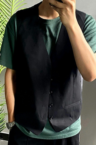 Vintage Mens Blazer Vest Plain Color V-Neck Single Breasted Relaxed Fit Blazer Vest