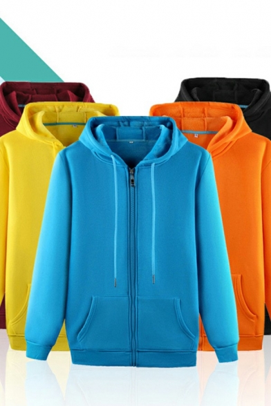 Basic Mens Hoodie Solid Color Long Sleeve Drawstring Detail Regular Fit Zip-up Hoodie