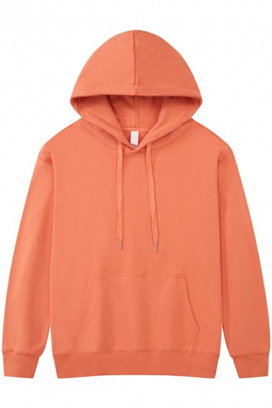 Chic Guys Hoodie Solid Color Front Pocket Drawstring Long Sleeve Relaxed Hoodie