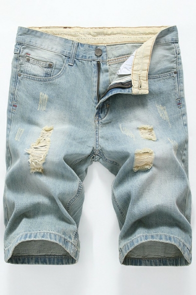 Chic Jeans Bleach Designed Ripped Zip Fly Short Length Straight-Leg Jeans for Guys