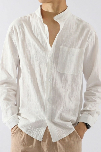 Chic Men's Shirt Solid Pocket Decorate Button Detail Stand Collar Long-sleeved Loose Shirt