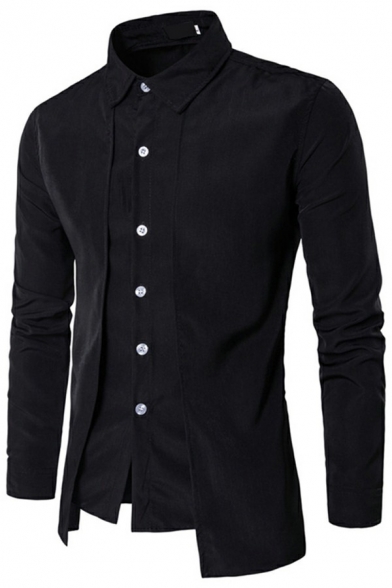 Cool Guys Shirt Solid Color Faux Twinset Panel Button Closure Collar Fitted Long-sleeved Shirt