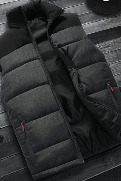 Elegant Mens Vest Color Block Stand Collar Zipper Pockets Front Detail Relaxed Fitted Vest