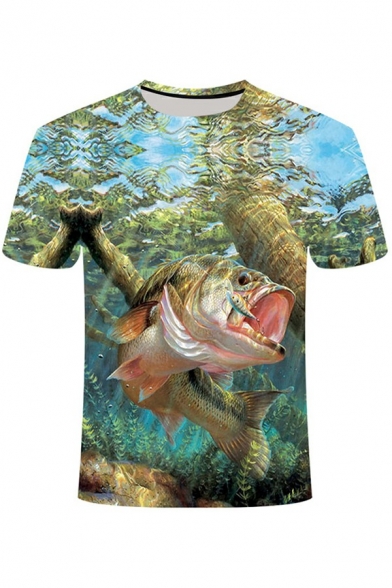 Fashionable Mens Tee Top 3D Fish Patterned Round Neck Short Sleeve Loose Tee Top