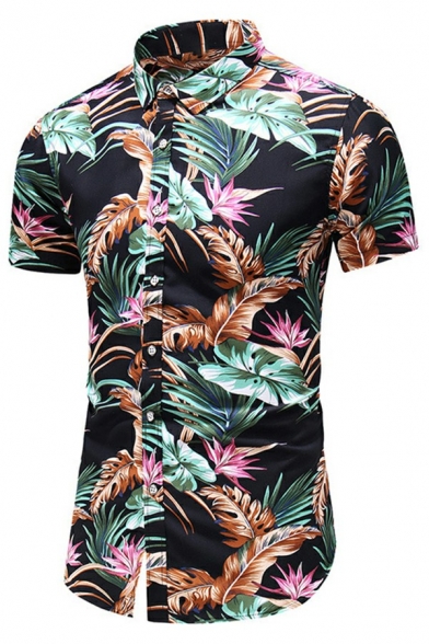 Guys Jazzy Shirt Floral Pattern Single-Breasted Collar Short Sleeve Slim Fit Shirt