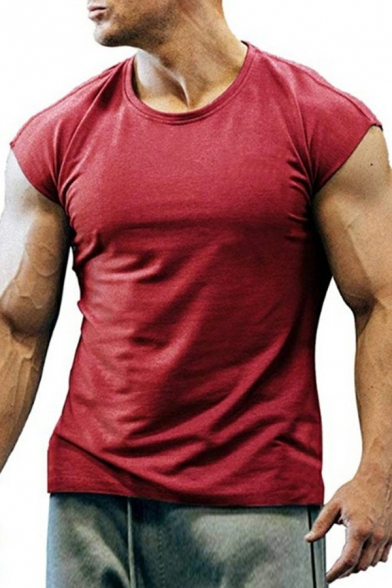 Guys Sporty T-Shirt Pure Color Round Neck Short Sleeves Slim Fit Soft T-Shirt