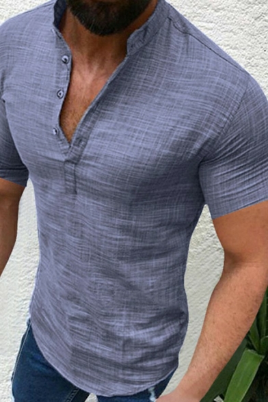 Leisure Mens Shirt Pure Color Button Detail Stand Collar Short-Sleeve Regular Fitted Shirt Top