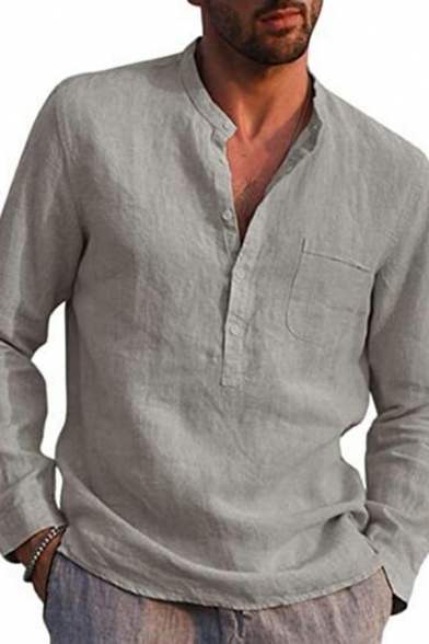 Men Casual Shirts Solid Color Long Sleeve Button Detail Stand Collar Chest Pocket Relaxed Fit Shirts
