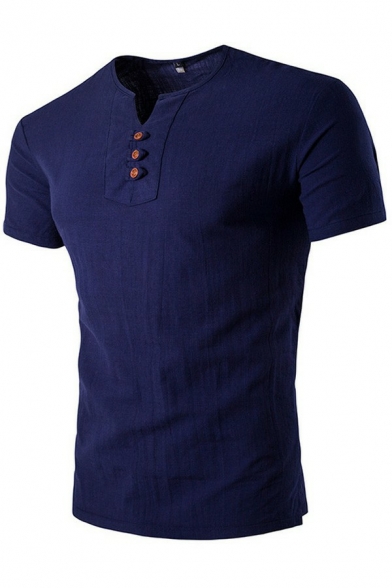 Men Fancy T-shirt Plain Button Detailed V-Neck Short Sleeves Slim Fit T-Shirt Top