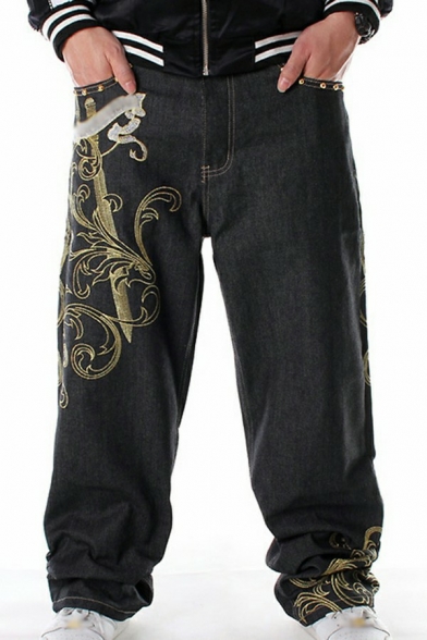 Men Metrosexual Jeans Embroidery Pattern Zip-up Pocket Long Length Oversized Jeans