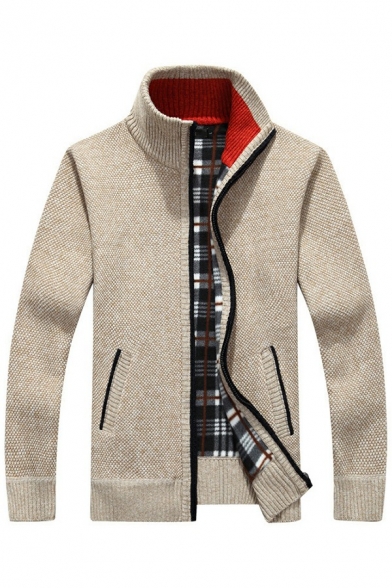 Men Warm Cardigan Plain Pocket Detailed Zipper Design Plaid Lined Long Sleeves Fitted Cardigan