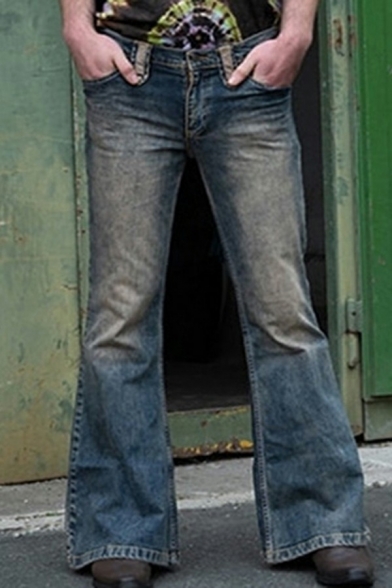 Mens Vintage Jeans Plain Washed Effect Mid Waist Zip Placket Long Flared Jeans