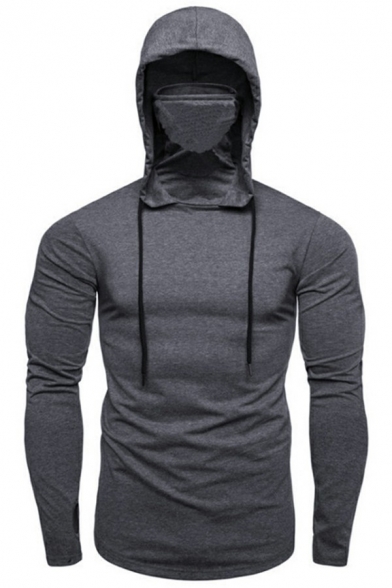 Popular Mens Hoodie Solid Color Long Sleeve Slim-Fitted Drawstring Hoodie
