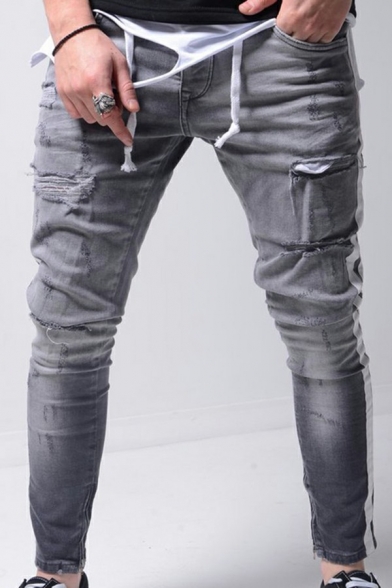 Retro Guys Jeans Pure Color Ripped Mid Waist Light Wash Zip Placket Skinny-Fit Long Jeans