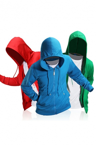 Simple Mens Hoodie Solid Color Long Sleeve Side Pockets Drawstring Detail Slim Zip-up Hoodie
