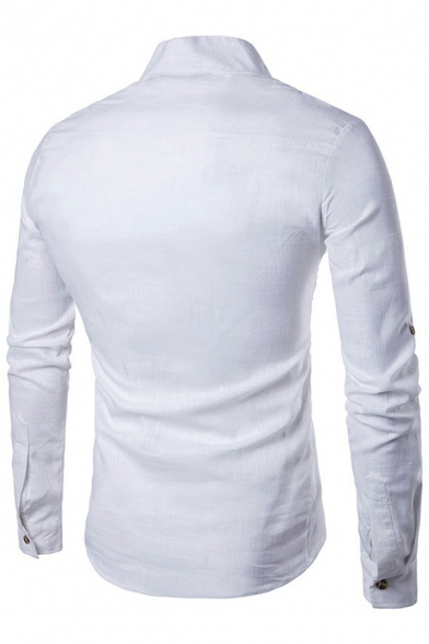 Simple Shirts Solid Color Stand Collar Button Detail Long Sleeve Slim Fit Shirts for Men