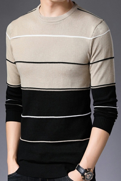 Street Look Mens Sweater Stripe Pattern Color Block Crew Neck Slim Sweater