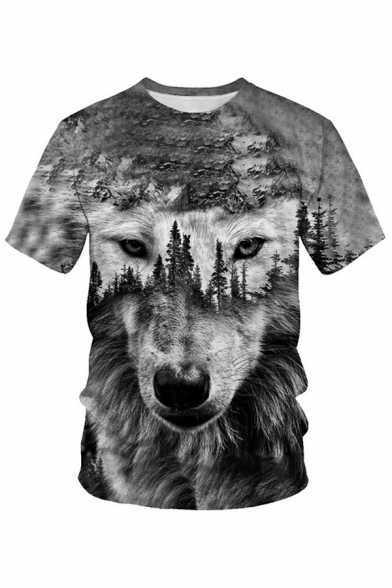 Stylish T-Shirt 3D Wolf Pattern Short-Sleeved Round Neck Regular Fit T-Shirt