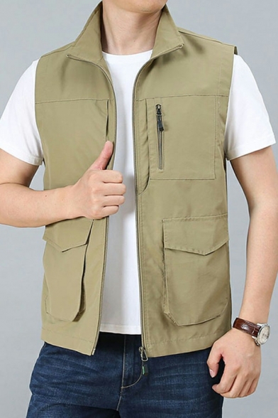 Urban Guys Vest Pure Color Pocket Decorated Stand Collar Zipper Relaxed Fit Vest