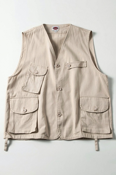 Baggy Vest Pure Color Button-up Flap Pocket V-Neck Relaxed Vest for Guys