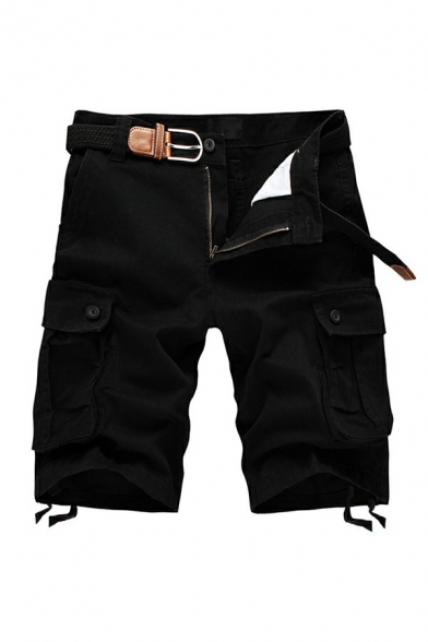 Casual Men Cargo Shorts Solid Color Flap Pocket Detailed Relaxed Fit Zipper Placket Cargo Shorts