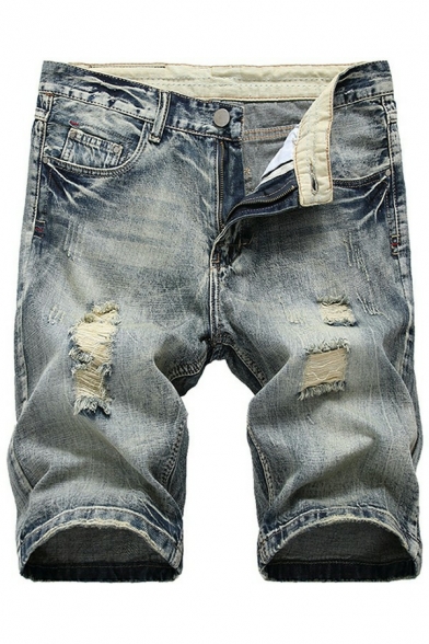 Chic Jeans Bleach Designed Ripped Zip Fly Short Length Straight-Leg Jeans for Guys