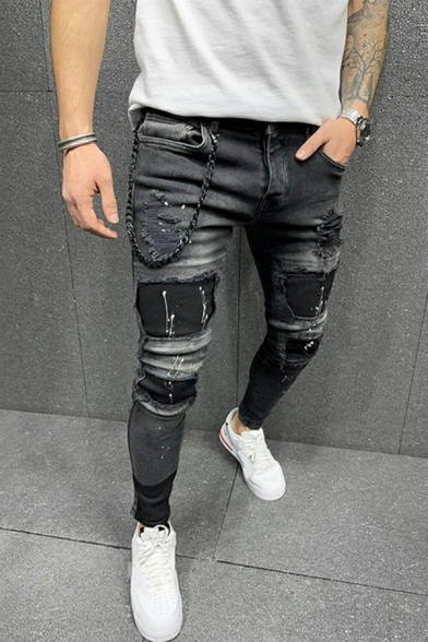 Cool Mens Denim Patch Pants Mid-Rised Pocket Detail Zip Fly Skinny Fit Pants