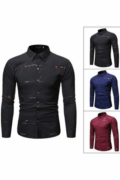 Cool Shirt Stripe Pattern Button-up Turn-down Collar Long Sleeves Slim Fit Shirt for Men