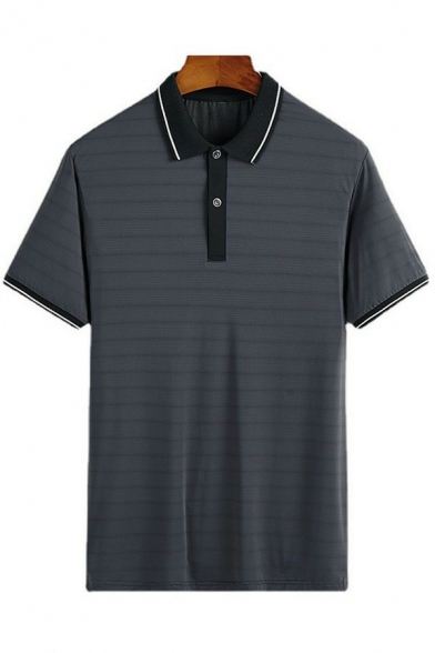 Dashing T-Shirt Stripe Pattern Turn-down Collar Button Detail Short Sleeves Regular T-Shirt for Guys
