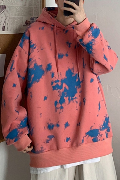 Edgy Mens Hoodie Tie-Dyed Print Long-Sleeved Loose Fit Drawstring Hoodie