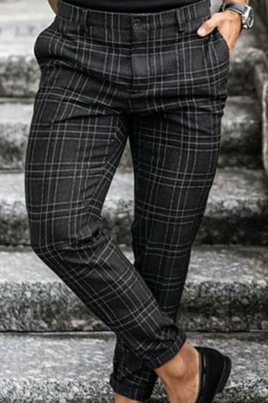 Men Cool Pants Plaid Print Zipper Fly Skinny Ankle Length Pants