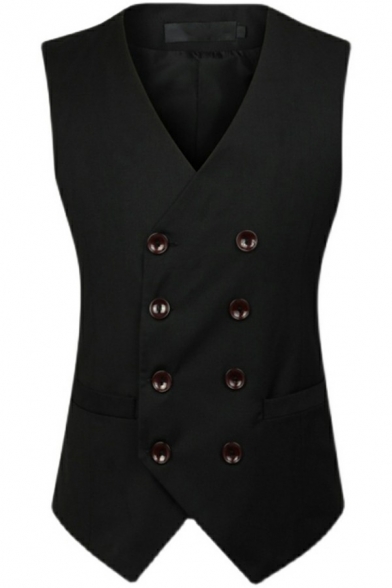Men Fashionable Suit Vest Pure Color Double Breast V-Neck Slim Fitted Suit Waistcoat