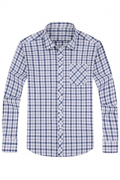 Men Modern Shirt Checked Button up Print Front Pocket Long Sleeves Point Collar Loose Shirt Top