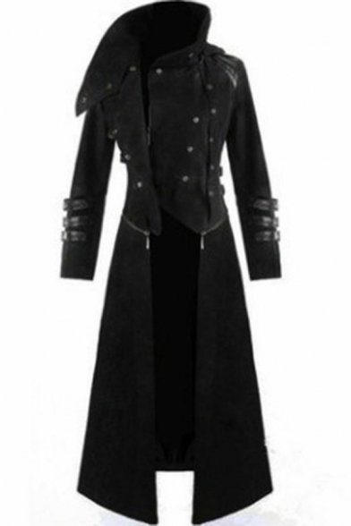 Men Novelty Coat Longline Long Sleeve Stand Collar Double Breasted Skinny Coat