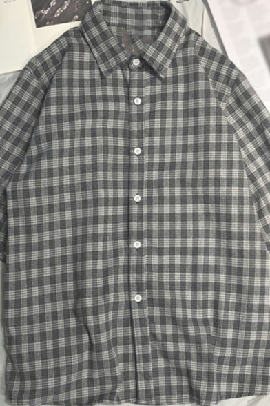 Men Popular Shirt Checked Print Short Sleeves Point Collar Button up Relaxed Fit Shirt Top