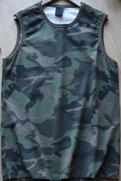 Men Street Look Tank Top Camo Print Round Neck Fitted Tank Top