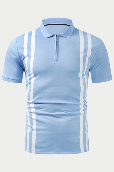 Men Urban Polo Shirt Striped Print Zip Neck Slim Fitted Short Sleeves Polo Shirt in Light Blue