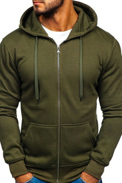 Mens Simple Hoodie Solid Color Kangaroo Pocket Long Sleeve Slimming Drawcord Hooded Sweatshirt