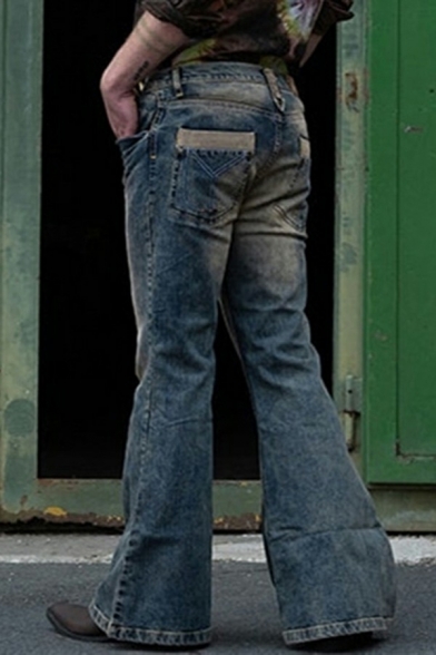 Mens Vintage Jeans Plain Washed Effect Mid Waist Zip Placket Long Flared Jeans