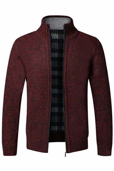 Modern Mens Cardigan Solid Color Zipper up Stand Collar Long Sleeve Slim Fitted Cardigan