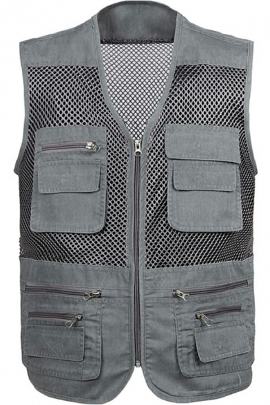 Modern Vest Solid Mesh Decoration Zip Closure Pocket V-Neck Regular Vest for Men