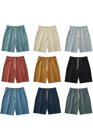 Elegant Men's Shorts Solid Elasticated Waist Drawstring Mid Rise Pocket Loose Shorts