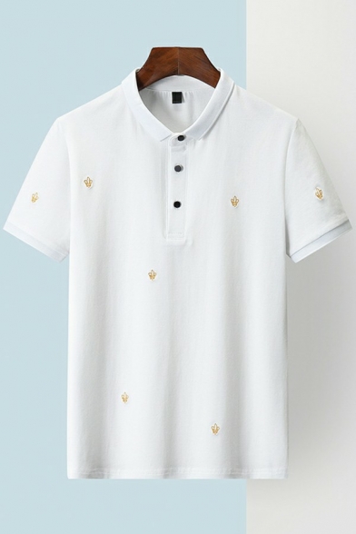 Pop Tee Top Embroidery Print Button Detailed Short-sleeved Regular Tee Top for Men