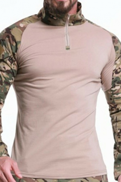 Popular Guys T-Shirt Camouflage Arm Zipper Placket Stand Neck Long Sleeves Slim T-shirt