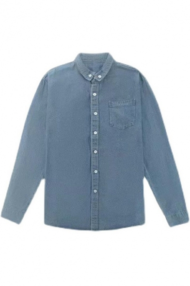 Simple Denim Shirt Solid Color Point Collar Long Sleeve Single Breasted Loose Shirt Top for Men