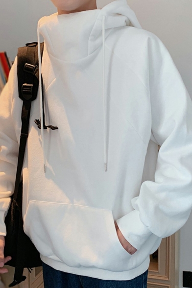 Simple Hoodie Solid Color Kanga Pocket Long Sleeves Drawstring Loose Fit Hoodie for Men